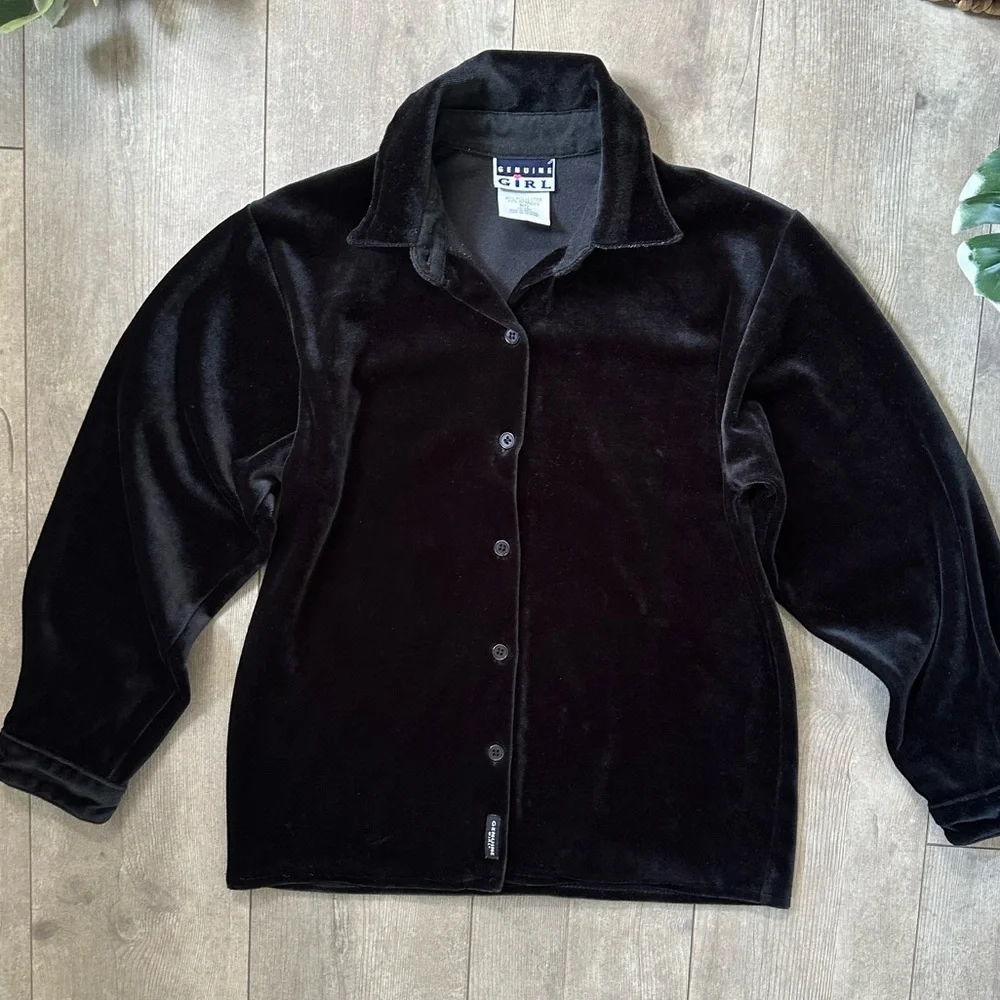 Vintage 90s Oshkosh B’Gosh Genuine Girls Luxurious Black Velvet Button Up Shirt